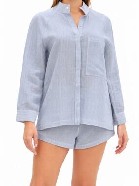 LUNYA Resort Striped Silk Linen-Blend Pajama Top